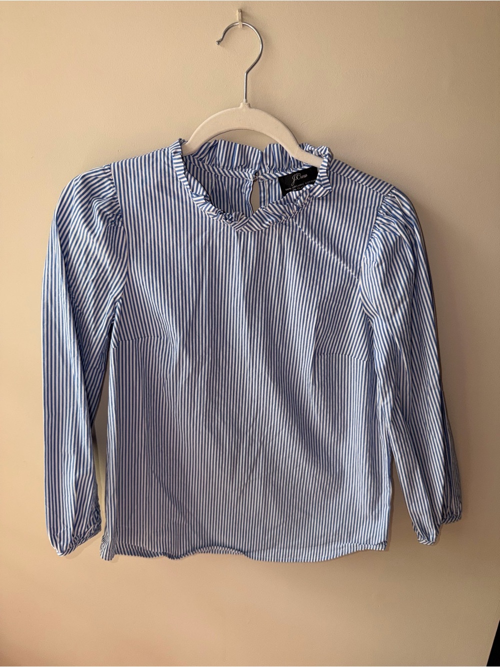 J. Crew Blue and White Striped Ruffle-Neck Top